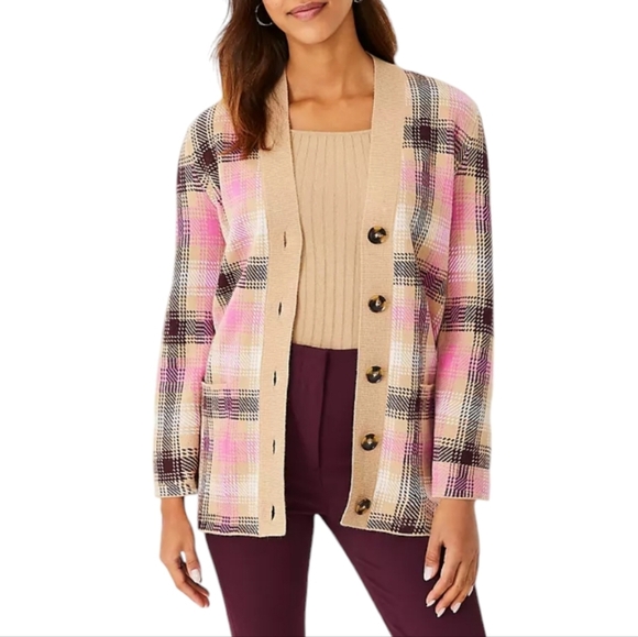 NWT Ann Taylor Plaid Boyfriend Cardigan - Picture 1 of 11
